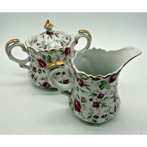 VINTAGE LEFTON PINK ROSE‎ CHINTZ COVERED SUGAR BOWL & CREAMER SET COTTAGECORE
